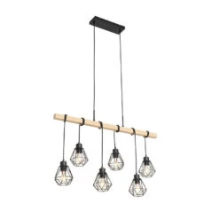 QAZQA Landelijke Hanglamp Zwart Met Hout 6-lichts - Chon