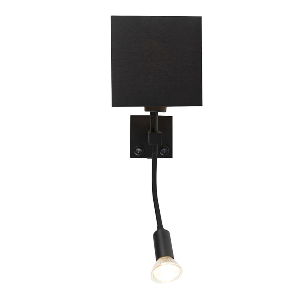 QAZQA Moderne Wandlamp Zwart Met USB En Vierkante Zwarte Kap - Zeno 4 QAZQA Moderne Wandlamp Zwart Met USB En Vierkante Zwarte Kap - Zeno - Afbeelding 4