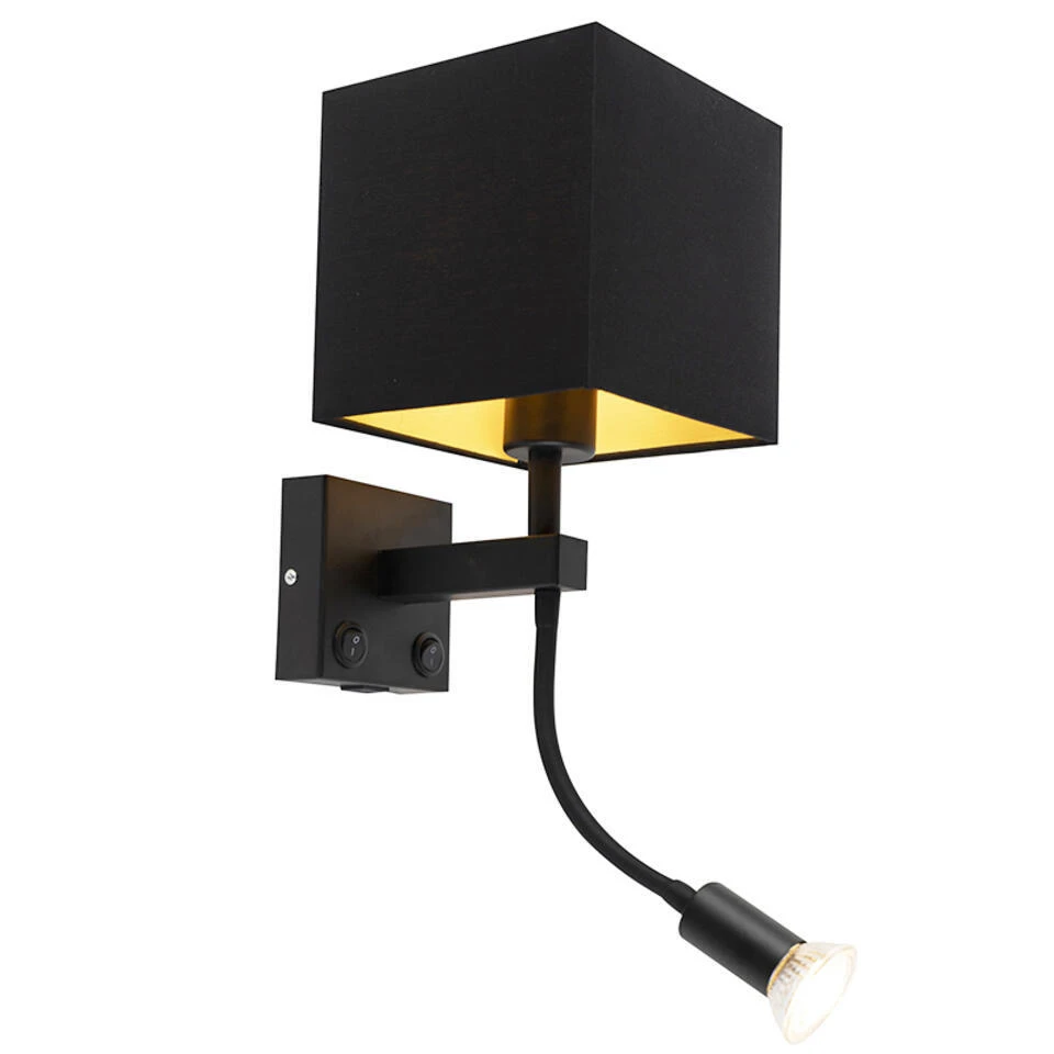 QAZQA Moderne Wandlamp Zwart Met USB En Vierkante Zwarte Kap - Zeno 1 QAZQA Moderne Wandlamp Zwart Met USB En Vierkante Zwarte Kap - Zeno