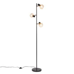 QAZQA Vloerlamp Zwart Met Koper 3-lichts - Mesh