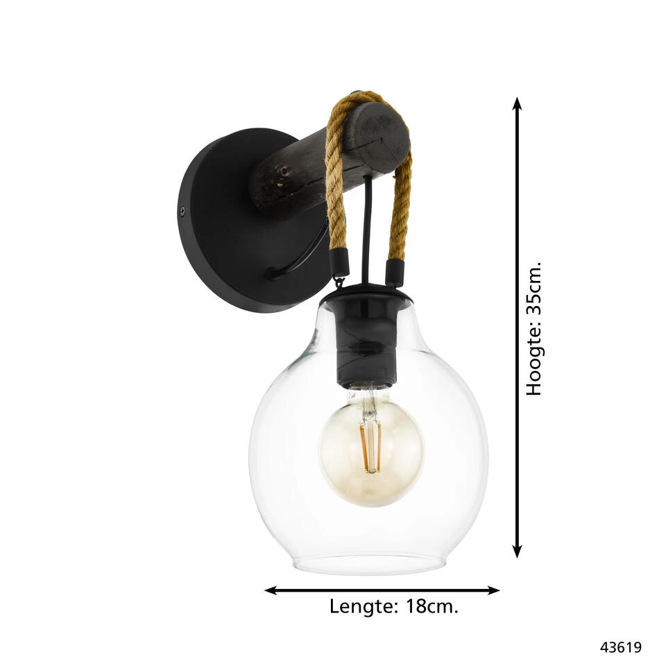 EGLO Roding Wandlamp - E27 - 35 cm - Zwart/Bruin 4 EGLO Roding Wandlamp - E27 - 35 cm - Zwart/Bruin - Afbeelding 4