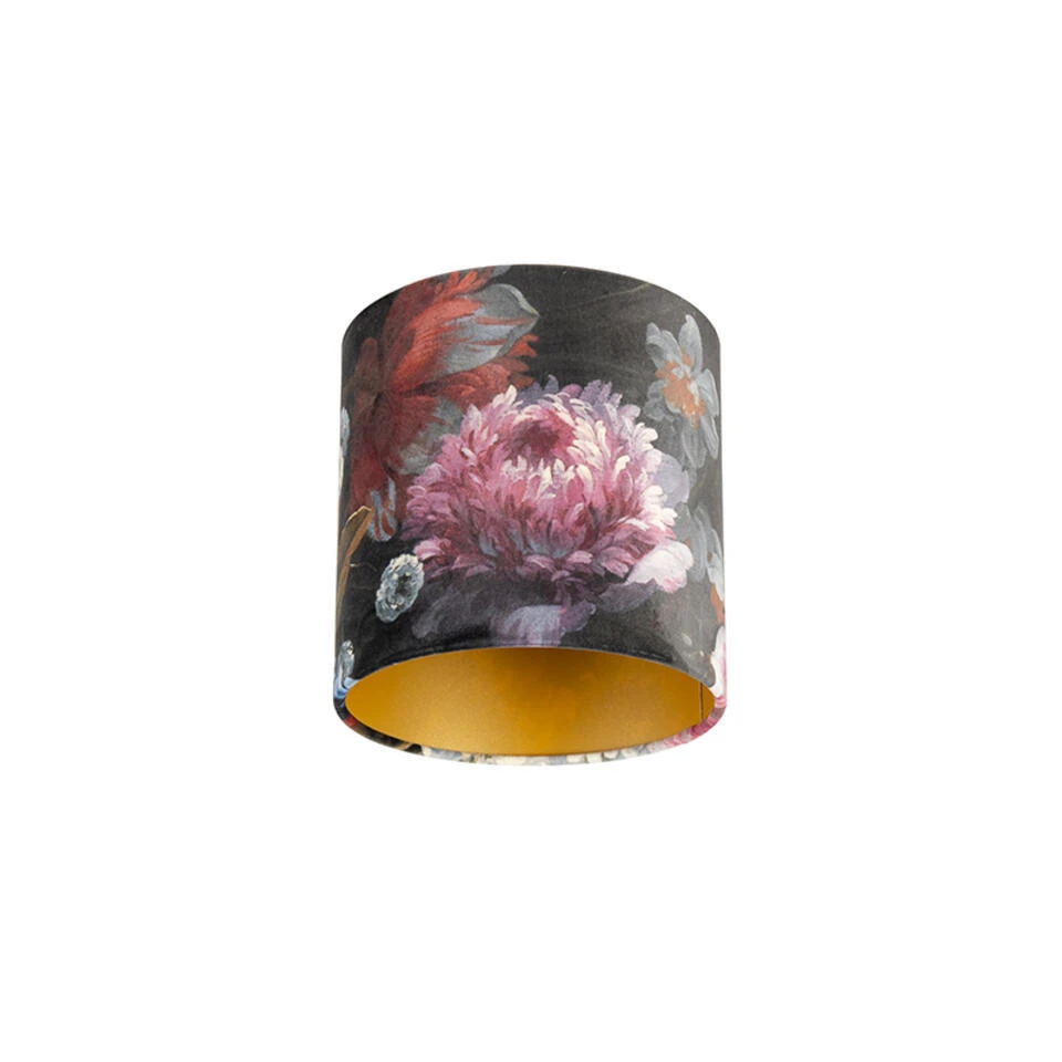 QAZQA Velours Lampenkap Bloemen Dessin 20/20/20 Gouden Binnenkant 1 QAZQA Velours Lampenkap Bloemen Dessin 20/20/20 Gouden Binnenkant