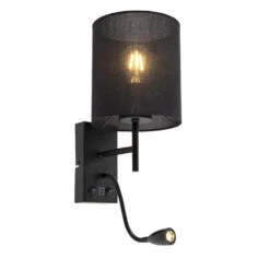 QAZQA Moderne Wandlamp Zwart Met Katoenen Kap - Stacca