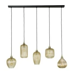 Hanglamp Ella Glas Amber Rond 5-lichts - 20x120x150 Cm - Glas - Goudkleurig