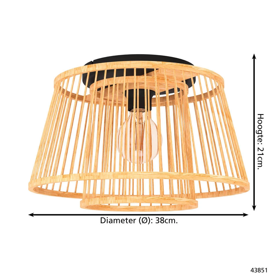 EGLO Hykeham Plafondlamp - E27 - Ø 38 Cm - Zwart/Hout 4 EGLO Hykeham Plafondlamp - E27 - Ø 38 Cm - Zwart/Hout - Afbeelding 4